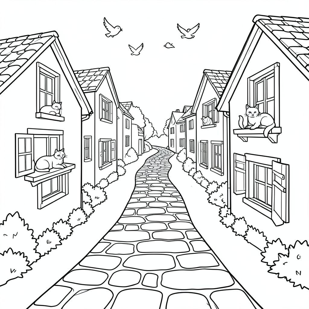 A winding stone path leading through a tiny village, houses on both sides, cats resting on windowsills, birds flying 
above