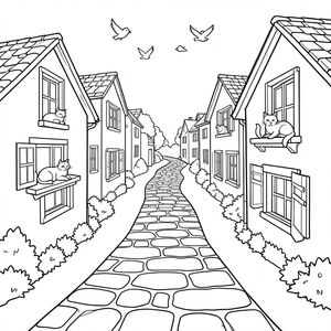 A winding stone path leading through a tiny village, houses on both sides, cats resting on windowsills, birds flying 
above