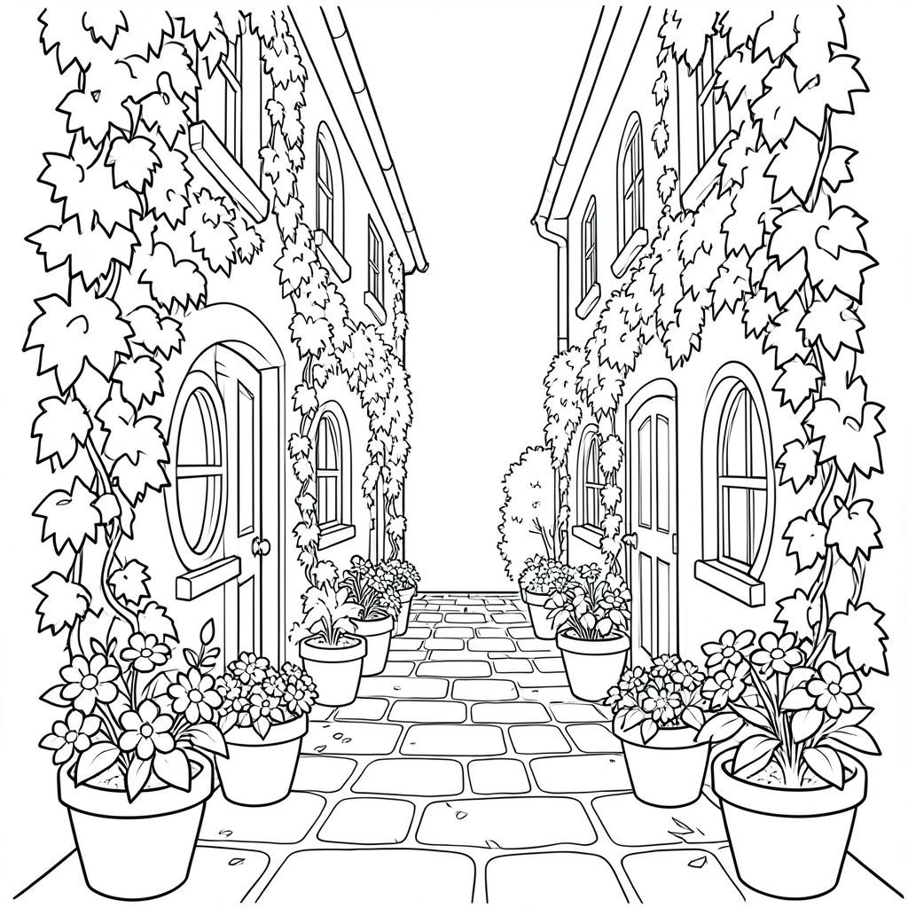 A quiet alley between two houses, ivy climbing the walls, flower pots lining the path, small round windows