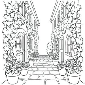 A quiet alley between two houses, ivy climbing the walls, flower pots lining the path, small round windows