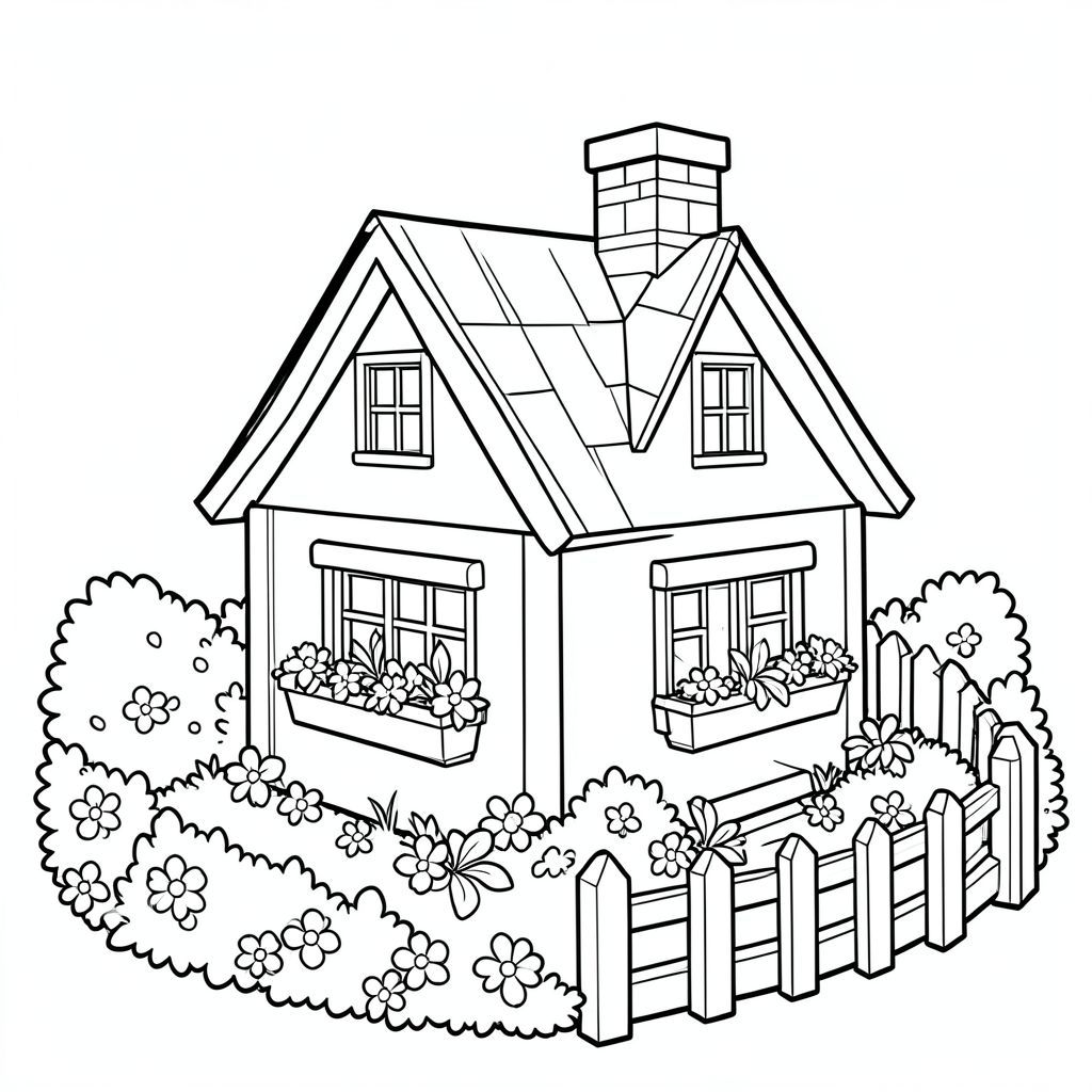 A tiny house with a steep roof, chimney, flower boxes, surrounded by bushes, flowers, and a curved fence