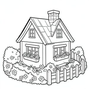 A tiny house with a steep roof, chimney, flower boxes, surrounded by bushes, flowers, and a curved fence