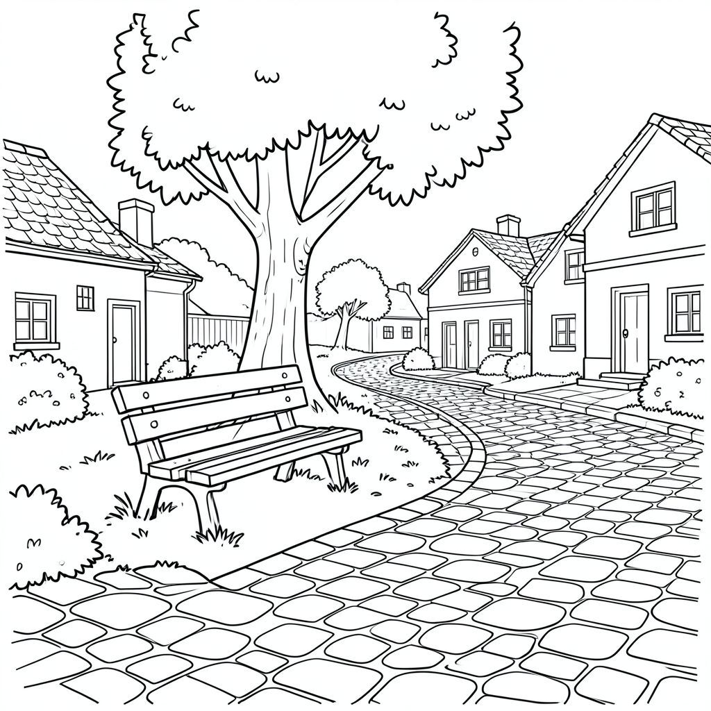 A peaceful village corner with a bench under a tree, houses in the background, cobblestone path filling the page