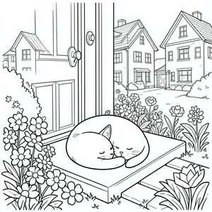 A sleepy cat curled up on a doorstep, flowers around the door, neighboring houses visible behind