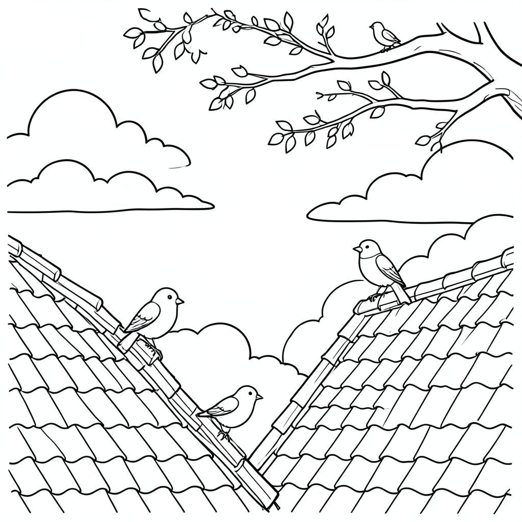 những mái nhà gần nhau với những con chim đậu trên ngói, những cành cây trải dài trên đầu trang, những đám mây và bầu trời tuyệt đẹp 