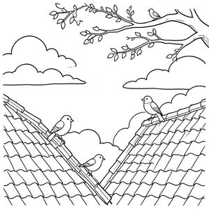 những mái nhà gần nhau với những con chim đậu trên ngói, những cành cây trải dài trên đầu trang, những đám mây và bầu trời tuyệt đẹp 