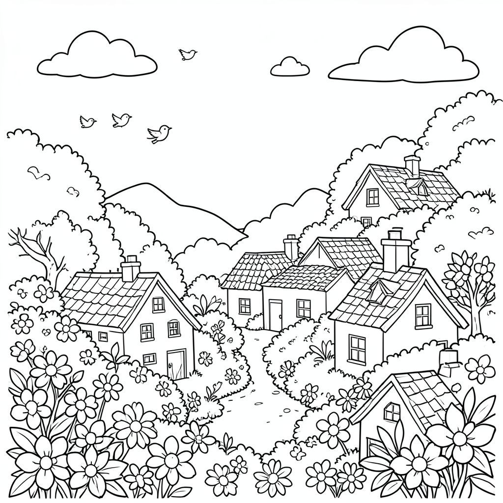 Một khung cảnh buổi sáng của làng quê với các loài chim, hoa, bụi rậm, mái nhà xếp lớp từ dưới lên trên. Rất nhiều yếu tố để tô màu. đầy đủ mọi thứ.