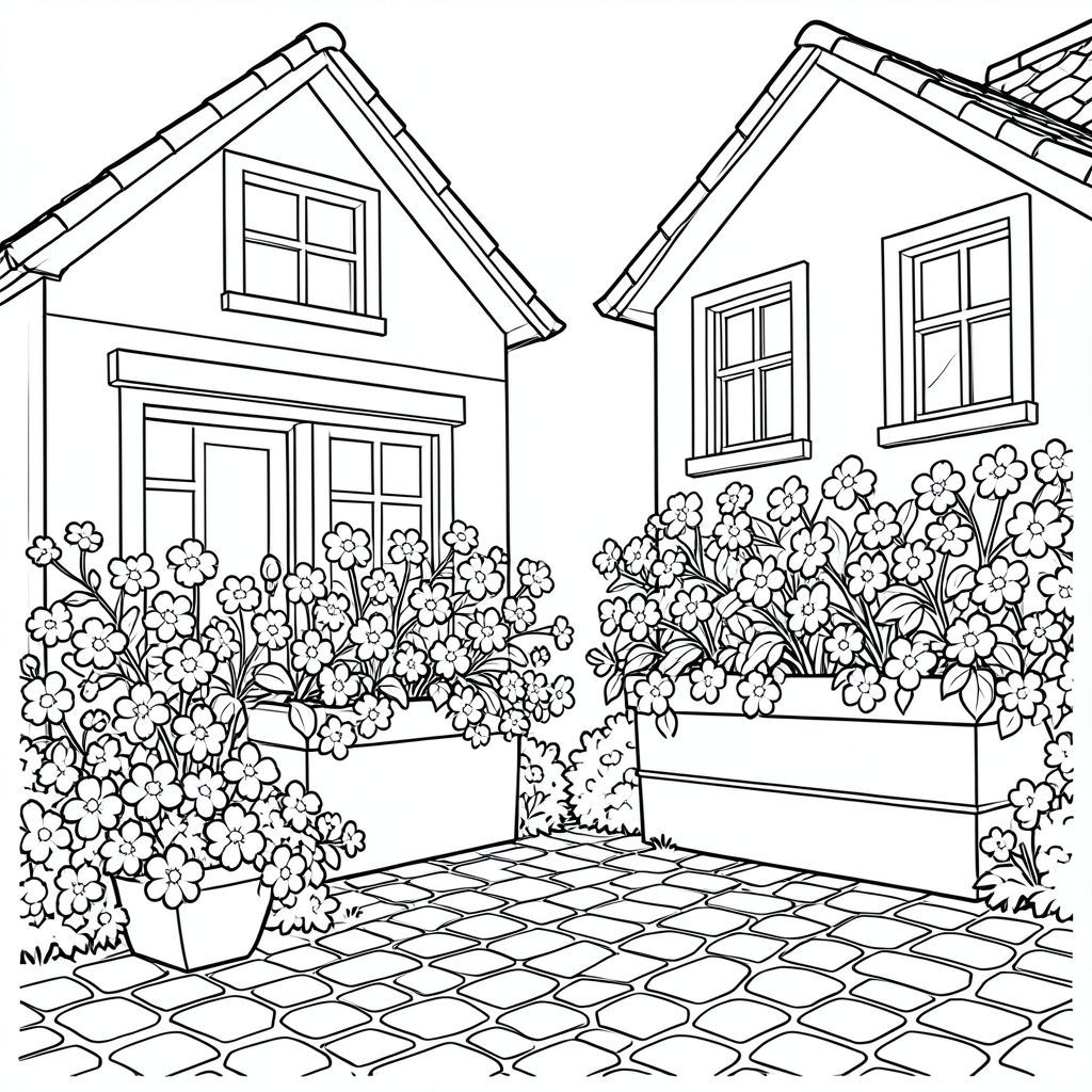 Cận cảnh hai ngôi nhà bên cạnh với những hộp hoa lớn tràn ngập hoa, đá cuội bên dưới. Đầy đủ các yếu tố để tô màu. Rất nhiều thứ để tô màu.
