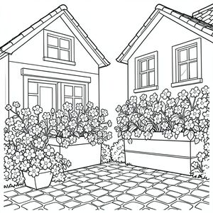 Cận cảnh hai ngôi nhà bên cạnh với những hộp hoa lớn tràn ngập hoa, đá cuội bên dưới. Đầy đủ các yếu tố để tô màu. Rất nhiều thứ để tô màu.