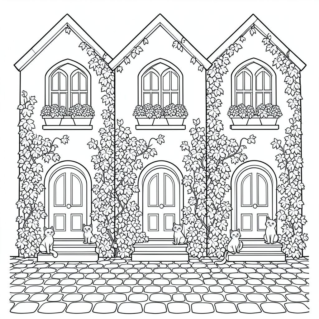 Ba ngôi nhà cao hẹp ép sát nhau, cửa vòm, cửa sổ nhiều lớp, chậu hoa tràn ngập, cây thường xuân leo lên tường, mèo ngồi trên bậc thang, những viên đá cuội chi tiết lấp đầy toàn bộ nửa dưới