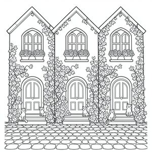 Ba ngôi nhà cao hẹp ép sát nhau, cửa vòm, cửa sổ nhiều lớp, chậu hoa tràn ngập, cây thường xuân leo lên tường, mèo ngồi trên bậc thang, những viên đá cuội chi tiết lấp đầy toàn bộ nửa dưới