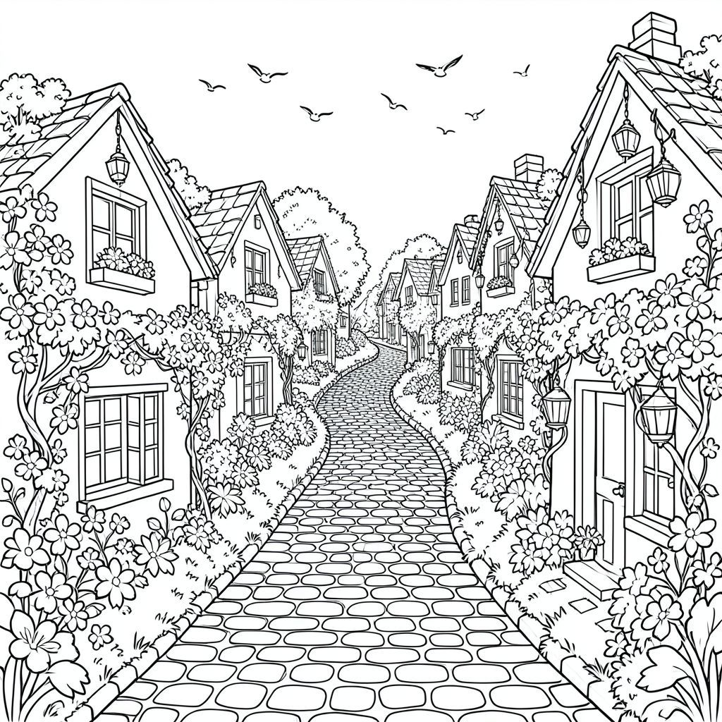 Một con đường lát đá cuội quanh co biến mất giữa nhiều ngôi nhà nhỏ, mỗi ngôi nhà đều phủ đầy hoa, treo đèn lồng, dây leo quấn quanh cửa sổ, chim bay trên bầu trời