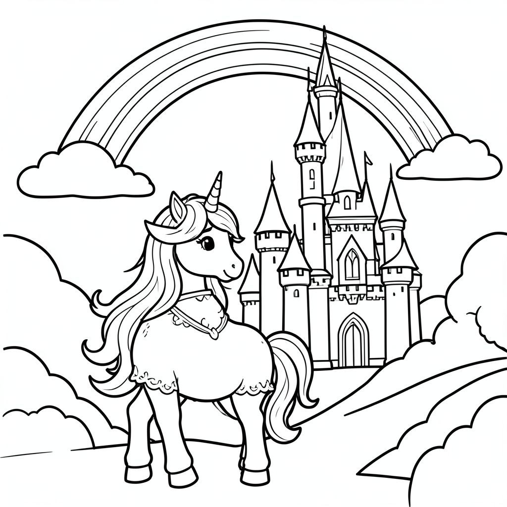Công chúa kỳ lân đứng trước lâu đài kỳ diệu, cầu vồng trên bầu trời, đường viền đậm, trang tô màu đen trắng