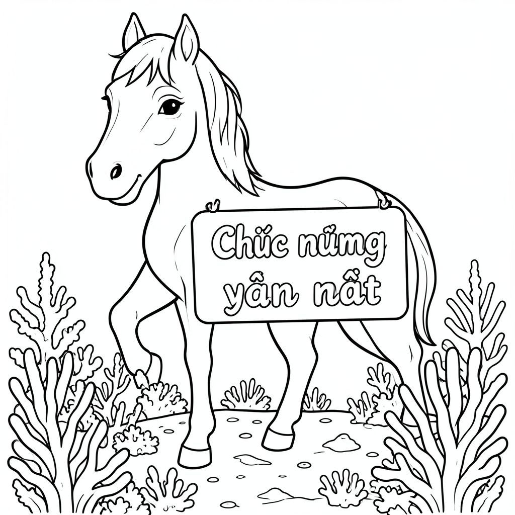 Một cái nhìn tổng quan về một con ngựa thân thiện, cầm một biển hiệu với "Chúc mừng năm mới" được viết bằng chữ trắng trong hồ san hô dưới nước, phong cách siêu thực