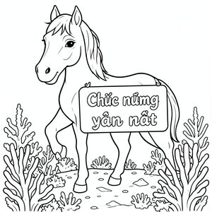 Một cái nhìn tổng quan về một con ngựa thân thiện, cầm một biển hiệu với "Chúc mừng năm mới" được viết bằng chữ trắng trong hồ san hô dưới nước, phong cách siêu thực