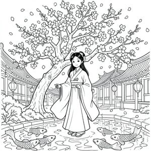 Một phụ nữ trẻ trong bộ hanfu bồng bềnh đứng dưới một cây hoa anh đào nở rộ, những cánh hoa xoáy trên toàn bộ trang giấy, những mái nhà cong truyền thống ở hậu cảnh, đèn lồng treo, hồ cá koi bên dưới, nghệ thuật đường nét phức tạp, không có khoảng trống.