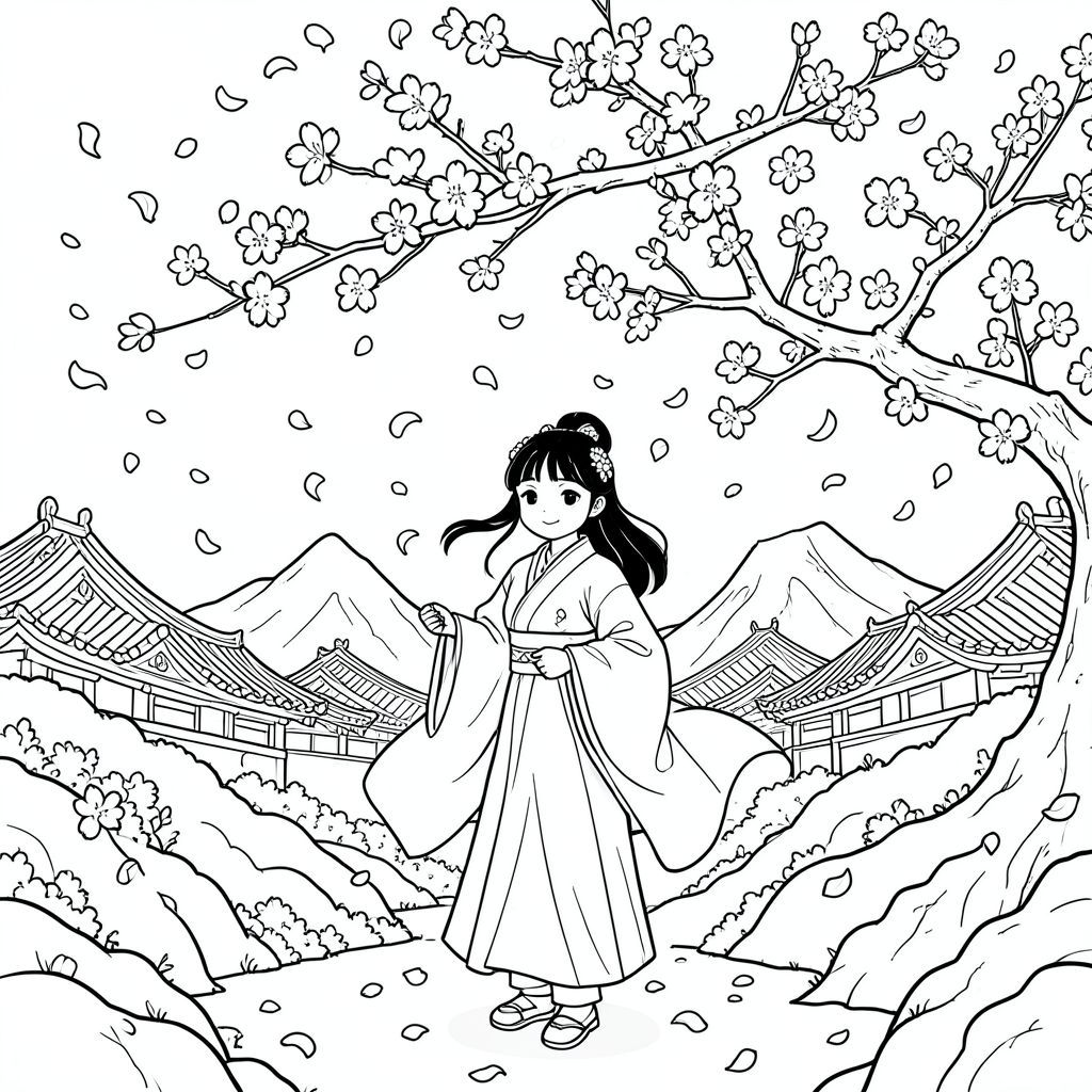 Một phụ nữ trẻ mặc hanfu công phu đứng dưới một cây hoa anh đào bị gió thổi dữ dội, những cánh hoa xoáy lộn xộn trên toàn bộ trang giấy, những ngọn núi nhiều lớp tối tăm phía sau cô, những mái đền uốn lượn lấp đầy đường chân trời.