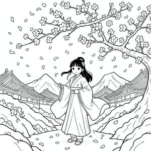 Một phụ nữ trẻ mặc hanfu công phu đứng dưới một cây hoa anh đào bị gió thổi dữ dội, những cánh hoa xoáy lộn xộn trên toàn bộ trang giấy, những ngọn núi nhiều lớp tối tăm phía sau cô, những mái đền uốn lượn lấp đầy đường chân trời.