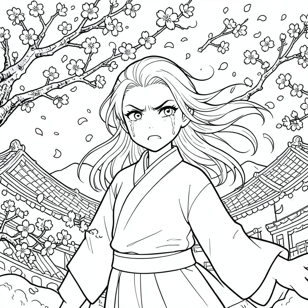 Một người phụ nữ trẻ trong bộ hanfu đang đứng dưới một cây hoa anh đào bị gió tàn phá, những cánh hoa quất vả xung quanh cô như một cơn bão, vẻ mặt dữ dội và đau buồn, lông mày nhíu lại, nước mắt chảy dài trên khuôn mặt nhưng hàm quyết tâm, tóc xõa xõa một phần và hoang dã, mái nhà chùa và những ngọn núi tối tăm lấp đầy toàn bộ nền, nghệ thuật đường nét đen trắng rất chi tiết,  Không có khoảng trống.