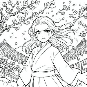 Một người phụ nữ trẻ trong bộ hanfu đang đứng dưới một cây hoa anh đào bị gió tàn phá, những cánh hoa quất vả xung quanh cô như một cơn bão, vẻ mặt dữ dội và đau buồn, lông mày nhíu lại, nước mắt chảy dài trên khuôn mặt nhưng hàm quyết tâm, tóc xõa xõa một phần và hoang dã, mái nhà chùa và những ngọn núi tối tăm lấp đầy toàn bộ nền, nghệ thuật đường nét đen trắng rất chi tiết,  Không có khoảng trống.