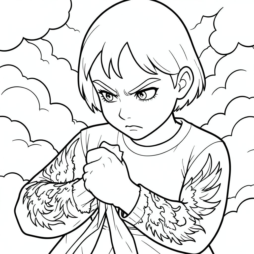 Cận cảnh cô nắm chặt một dải lụa đỏ rách trong nắm tay, các đốt ngón tay căng thẳng, tay áo thêu ngọn lửa phượng hoàng tràn ngập trang giấy, khuôn mặt cô nghiêng xuống nhưng đôi mắt bùng cháy vì cơn thịnh nộ kiềm chế, những đám mây bão xoáy sau lưng cô.