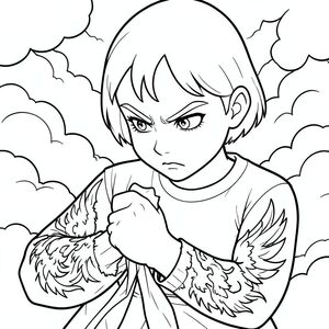 Cận cảnh cô nắm chặt một dải lụa đỏ rách trong nắm tay, các đốt ngón tay căng thẳng, tay áo thêu ngọn lửa phượng hoàng tràn ngập trang giấy, khuôn mặt cô nghiêng xuống nhưng đôi mắt bùng cháy vì cơn thịnh nộ kiềm chế, những đám mây bão xoáy sau lưng cô.