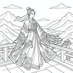 Một cảnh toàn trang của một Hoàng hậu uy nghiêm đứng trên ban công cung điện, mặc một chiếc hanfu bồng bềnh cầu kỳ với tay áo dài thêu, hoa văn phượng hoàng, lụa nhiều lớp, gió thổi mạnh mẽ, nhìn ra vương quốc núi sông rộng lớn của mình.