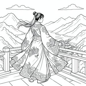 Một cảnh cả trang của một Hoàng hậu uy nghiêm quay đi đứng trên ban công cung điện mặc một chiếc hanfu bồng bềnh tinh xảo với tay áo dài thêu, hoa văn phượng hoàng, lụa nhiều lớp, gió thổi mạnh mẽ, nhìn ra vương quốc núi sông rộng lớn của mình.