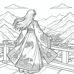 Một cảnh cả trang của một Hoàng hậu uy nghiêm quay đi, tóc xõa xuống đứng trên ban công cung điện, mặc một chiếc hanfu bồng bềnh cầu kỳ với tay áo dài thêu, hoa văn phượng hoàng, lụa nhiều lớp, gió thổi mạnh mẽ, nhìn ra vương quốc núi sông rộng lớn của mình.