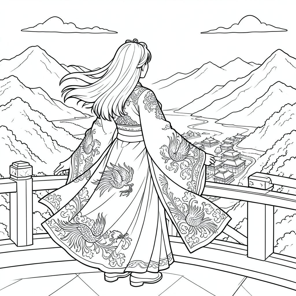Một cảnh toàn trang của một Hoàng hậu uy nghiêm quay đi với mái tóc dài đến đầu gối đứng trên ban công cung điện, mặc một chiếc hanfu bồng bềnh cầu kỳ với tay áo dài thêu, hoa văn phượng hoàng, lụa nhiều lớp, gió thổi mạnh mẽ, nhìn ra vương quốc núi sông rộng lớn của mình.