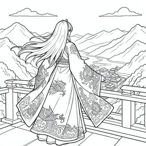Một cảnh cả trang của một Hoàng hậu uy nghiêm quay đi với mái tóc rất dài đứng trên ban công cung điện, mặc một chiếc hanfu bồng bềnh cầu kỳ với tay áo dài thêu, hoa văn phượng hoàng, lụa nhiều lớp, gió thổi mạnh mẽ, nhìn ra vương quốc núi sông rộng lớn của mình.