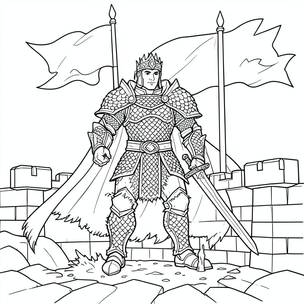 Một cảnh toàn trang của một Hoàng đế mặc áo giáp mạnh mẽ đến từ một quốc gia đối thủ, đứng trên một bức tường pháo đài, áo giáp vảy rồng chi tiết, áo choàng dài bồng bềnh, cầm một thanh kiếm cắm xuống đất, những biểu ngữ vẫy sau lưng anh ta.