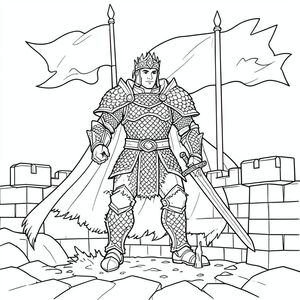 Một cảnh toàn trang của một Hoàng đế mặc áo giáp mạnh mẽ đến từ một quốc gia đối thủ, đứng trên một bức tường pháo đài, áo giáp vảy rồng chi tiết, áo choàng dài bồng bềnh, cầm một thanh kiếm cắm xuống đất, những biểu ngữ vẫy sau lưng anh ta.