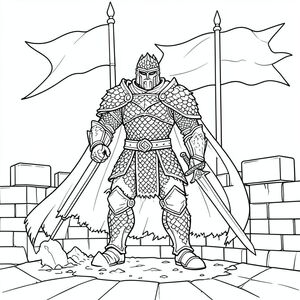 Một cảnh toàn trang của một Hoàng đế mặc áo giáp mạnh mẽ đến từ một quốc gia đối thủ, đứng trên một bức tường pháo đài, áo giáp vảy rồng chi tiết, áo choàng dài bồng bềnh, cầm một thanh kiếm cắm xuống đất, những biểu ngữ vẫy sau lưng anh ta. Khuôn mặt của anh ta được bọc thép