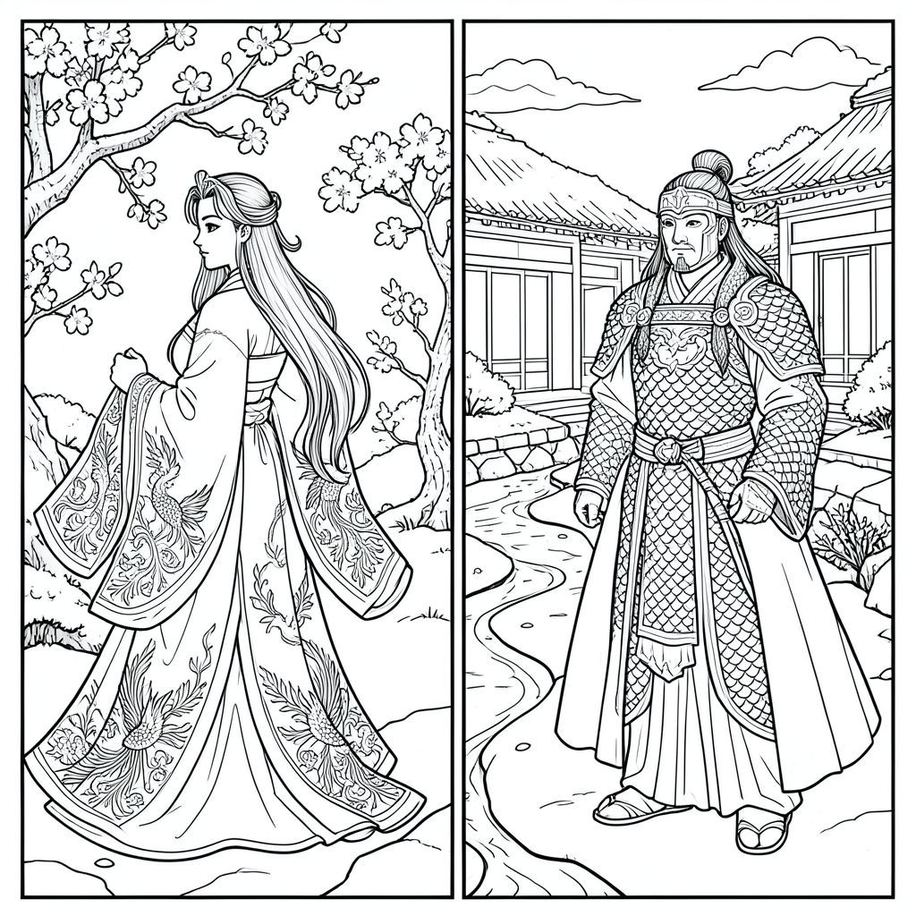 Một bố cục chia trang: Hoàng hậu trong vườn hoa anh đào của mình quay đi mặc một chiếc hanfu bồng bềnh tinh xảo với tay áo thêu dài, hoa văn phượng hoàng, lụa nhiều lớp với mái tóc rất dài và Hoàng đế mặc áo giáp vảy rồng chi tiết, áo choàng dài chảy trong sân phủ đầy tuyết, khuôn mặt được bọc thép, ngăn cách bởi một con sông chảy qua trung tâm.