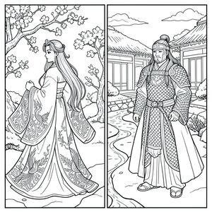 Một bố cục chia trang: Hoàng hậu trong vườn hoa anh đào của mình quay đi mặc một chiếc hanfu bồng bềnh tinh xảo với tay áo thêu dài, hoa văn phượng hoàng, lụa nhiều lớp với mái tóc rất dài và Hoàng đế mặc áo giáp vảy rồng chi tiết, áo choàng dài chảy trong sân phủ đầy tuyết, khuôn mặt được bọc thép, ngăn cách bởi một con sông chảy qua trung tâm.