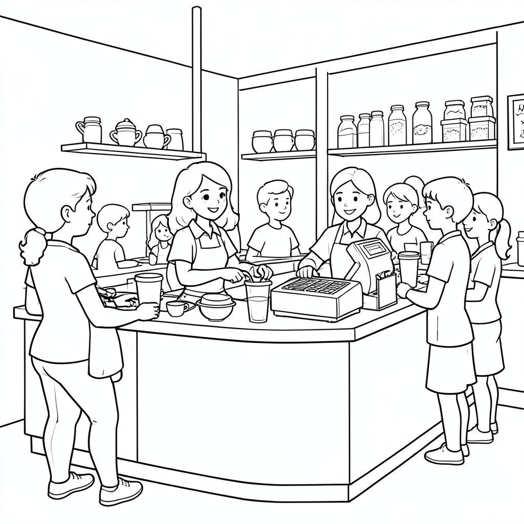   "Nghệ thuật đường nét của một quầy cà phê bận rộn với các nữ nhân viên pha chế phục vụ đồ uống, cốc và máy tính tiền có thể nhìn thấy, nhiều người, đường viền sạch sẽ, phong cách sách tô màu."