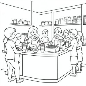  "Nghệ thuật đường nét của một quầy cà phê bận rộn với các nữ nhân viên pha chế phục vụ đồ uống, cốc và máy tính tiền có thể nhìn thấy, nhiều người, đường viền sạch sẽ, phong cách sách tô màu."