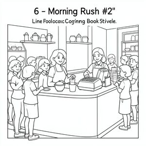 Trang 6 - Morning Rush # 2: "Nghệ thuật đường nét của một quầy cà phê bận rộn với các nữ nhân viên pha chế phục vụ đồ uống, cốc và máy tính tiền có thể nhìn thấy, nhiều người, đường viền sạch sẽ, phong cách sách tô màu."