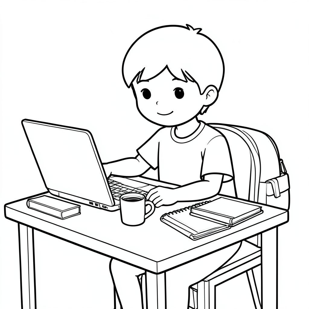 Nghệ thuật đường nét của một học sinh tại bàn với máy tính xách tay, sổ tay, tách cà phê, sách, ba lô, tư thế thư giãn, phong cách sách tô màu.