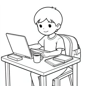 Nghệ thuật đường nét của một học sinh tại bàn với máy tính xách tay, sổ tay, tách cà phê, sách, ba lô, tư thế thư giãn, phong cách sách tô màu.