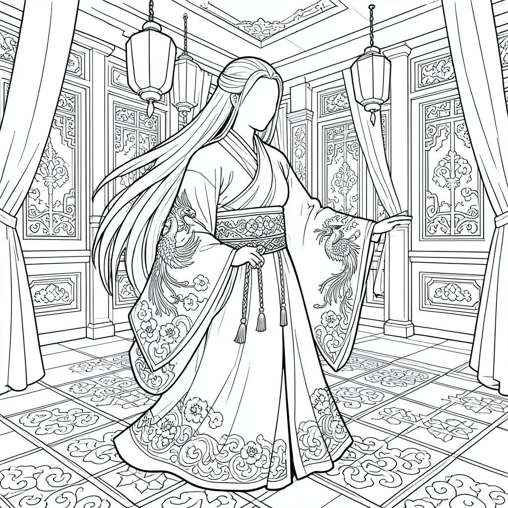 Nghệ thuật đường nét đen trắng toàn trang của một nữ hoàng cao thanh lịch với mái tóc thẳng cực dài đến lưng dưới, không nhìn thấy các chi tiết trên khuôn mặt, tóc bồng bềnh trong gió, mặc một hanfu truyền thống Trung Quốc nhiều lớp với tay áo bồng bềnh rất rộng, thêu phượng hoàng trên tay áo và viền áo, hoa văn viền hoa và mây phức tạp, thắt lưng trang trí công phu với tua rua treo,  áo choàng dài bên ngoài, hoa văn vải rất chi tiết. Cô đang thực hành thư pháp bên trong một đại sảnh cung điện chứa đầy bình phong gỗ chạm khắc, đèn lồng treo, sàn lát gạch hoa văn, rèm lụa chảy, kiến trúc chi tiết và các yếu tố trang trí bao phủ toàn bộ trang giấy.