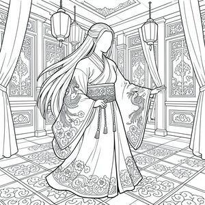 Nghệ thuật đường nét đen trắng toàn trang của một nữ hoàng cao thanh lịch với mái tóc thẳng cực dài đến lưng dưới, không nhìn thấy các chi tiết trên khuôn mặt, tóc bồng bềnh trong gió, mặc một hanfu truyền thống Trung Quốc nhiều lớp với tay áo bồng bềnh rất rộng, thêu phượng hoàng trên tay áo và viền áo, hoa văn viền hoa và mây phức tạp, thắt lưng trang trí công phu với tua rua treo,  áo choàng dài bên ngoài, hoa văn vải rất chi tiết. Cô đang thực hành thư pháp bên trong một đại sảnh cung điện chứa đầy bình phong gỗ chạm khắc, đèn lồng treo, sàn lát gạch hoa văn, rèm lụa chảy, kiến trúc chi tiết và các yếu tố trang trí bao phủ toàn bộ trang giấy.