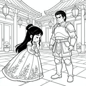 Công chúa trong trang phục nghi lễ cúi đầu trước tướng - áo choàng bồng bềnh, thêu hoa, mái tóc đen dài búi tóc trang trí công phu, đôi mắt hình quả hạnh tinh tế, rách ở góc, tướng đứng sừng sững trong bộ giáp chiến đấu với khuôn mặt nghiêm nghị, sân cung truyền thống đầy đèn lồng.