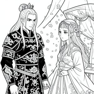 Tướng quân: Đường viền hàm mạnh mẽ, sắc nét; mũi thẳng, quý phái; đôi mắt mãnh liệt, hơi nặng nề với ánh mắt tập trung. Tóc của anh ấy dài, một phần được kéo lại thành búi cao với vương miện kim loại, để lại hai lọn tóc dài bao quanh khuôn mặt của anh ấy.

Công chúa: Khuôn mặt trái xoan mềm mại; lông mày cong mỏng manh; đôi mắt to, biểu cảm có vẻ buồn bã. Cô ấy đeo những chiếc kẹp tóc phức tạp — dây chuyền đính cườm trên trán, ghim hoa và ruy băng bồng bềnh.

Phong cách nghệ thuật: Phong cách Manhua truyền thống với nghệ thuật đường nét tinh xảo, sạch sẽ, chi tiết cao trong các nếp gấp vải và hoa văn Trung Quốc trang trí công phu (mây, sen, rồng).

Ánh mắt ẩn: Tướng đứng cứng nhắc trong bộ giáp lamellar màu đen của mình trong khi Công chúa đi qua trong một chiếc kiệu. Rèm được nâng lên một chút; Đôi mắt của họ gặp nhau qua một loạt hoa đào rơi.