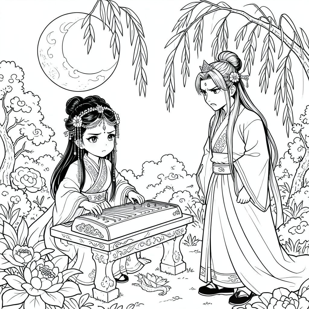 Gian hàng bí mật: Trong một khu vườn dưới ánh trăng, Công chúa ngồi bên một chiếc bàn đá chơi guzheng. Tướng quân đứng trong bóng cây liễu đang rủ, lắng nghe với vẻ đau đớn, khao khát. 
Tướng quân: Đường viền hàm mạnh mẽ, sắc nét; mũi thẳng, quý phái; đôi mắt mãnh liệt, hơi nặng nề với ánh mắt tập trung. Tóc của anh ấy dài, một phần được kéo lại thành búi cao với vương miện kim loại, để lại hai lọn tóc dài bao quanh khuôn mặt của anh ấy.

Công chúa: Khuôn mặt trái xoan mềm mại; lông mày cong mỏng manh; đôi mắt to, biểu cảm có vẻ buồn bã. Cô ấy đeo những chiếc kẹp tóc phức tạp — dây chuyền đính cườm trên trán, ghim hoa và ruy băng bồng bềnh.

Phong cách nghệ thuật: Phong cách Manhua truyền thống với nghệ thuật đường nét tinh xảo, sạch sẽ, chi tiết cao trong các nếp gấp vải và hoa văn Trung Quốc trang trí công phu (mây, sen, rồng).