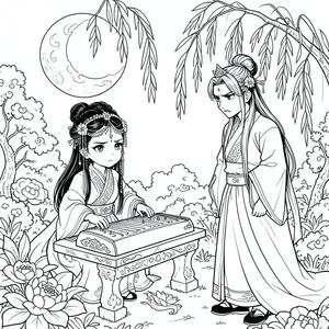 Gian hàng bí mật: Trong một khu vườn dưới ánh trăng, Công chúa ngồi bên một chiếc bàn đá chơi guzheng. Tướng quân đứng trong bóng cây liễu đang rủ, lắng nghe với vẻ đau đớn, khao khát. 
Tướng quân: Đường viền hàm mạnh mẽ, sắc nét; mũi thẳng, quý phái; đôi mắt mãnh liệt, hơi nặng nề với ánh mắt tập trung. Tóc của anh ấy dài, một phần được kéo lại thành búi cao với vương miện kim loại, để lại hai lọn tóc dài bao quanh khuôn mặt của anh ấy.

Công chúa: Khuôn mặt trái xoan mềm mại; lông mày cong mỏng manh; đôi mắt to, biểu cảm có vẻ buồn bã. Cô ấy đeo những chiếc kẹp tóc phức tạp — dây chuyền đính cườm trên trán, ghim hoa và ruy băng bồng bềnh.

Phong cách nghệ thuật: Phong cách Manhua truyền thống với nghệ thuật đường nét tinh xảo, sạch sẽ, chi tiết cao trong các nếp gấp vải và hoa văn Trung Quốc trang trí công phu (mây, sen, rồng).