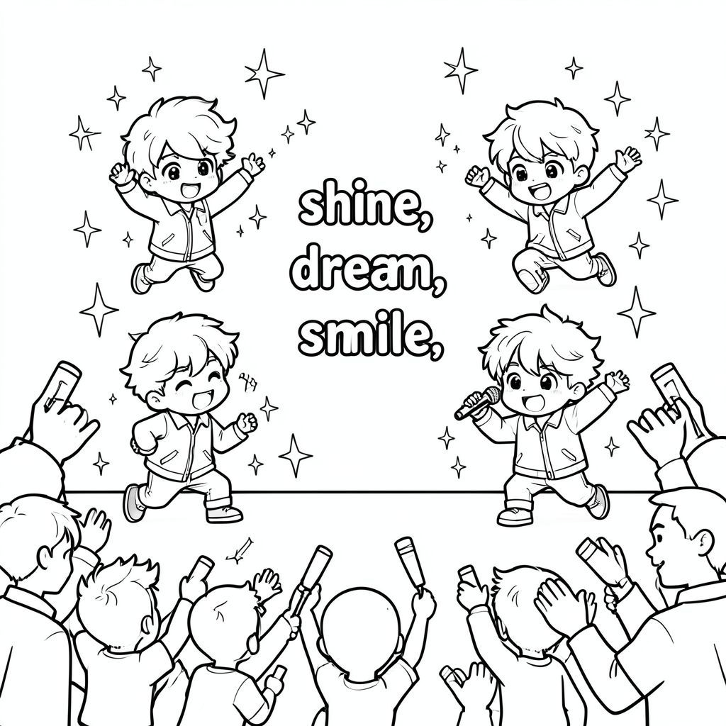 Tạo một BTS lấy cảm hứng từ màu nâu nhỏ với mỗi người trong số họ lấp lánh với ánh sáng lấp lánh xung quanh họ khi họ đang nhảy múa và hát trên sân khấu, đặt một số đám đông xung quanh họ với những chiếc lightstick tỏa sáng, ở giữa đặt cụm từ "tỏa sáng, mơ, mỉm cười"