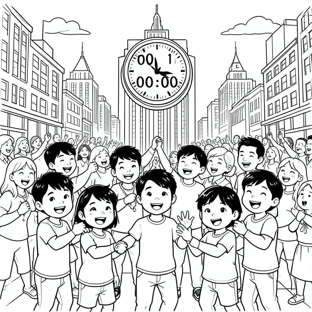 Bảy chàng trai châu Á hạnh phúc trong quả bóng thả trong bữa tiệc đêm giao thừa ở Quảng trường Thời đại, với một chiếc đồng hồ lớn đánh dấu 00:00, những người hạnh phúc xung quanh họ có thể được toatisng