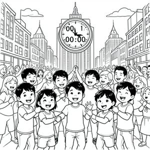 Bảy chàng trai châu Á hạnh phúc trong quả bóng thả trong bữa tiệc đêm giao thừa ở Quảng trường Thời đại, với một chiếc đồng hồ lớn đánh dấu 00:00, những người hạnh phúc xung quanh họ có thể được toatisng